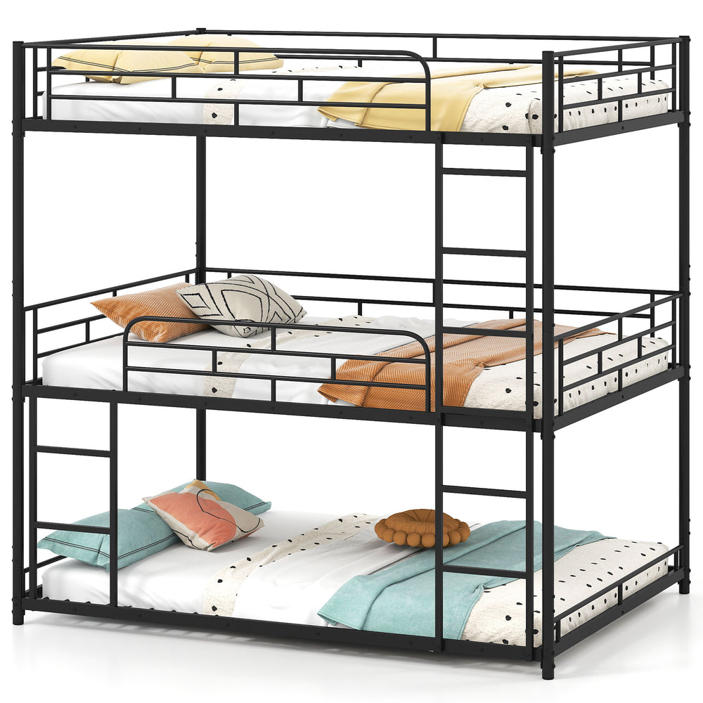 Black metal triple bunk bed showcasing the heavy-duty design and integrated ladders for safe access to all three levels.
