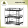 Metal triple bunk bed in black with dimensions, featuring safety guardrails and two ladders for secure access.