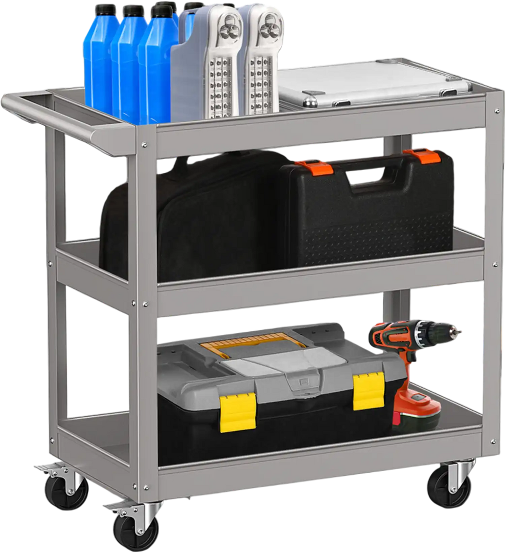 3-tier gray metal utility cart with flat handle, lockable wheels, and ample storage for tools in a garage setting.