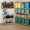 3-tier gray metal utility cart with flat handle and lockable wheels, ideal for storing tools and supplies in various.
