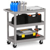 3-tier gray metal utility cart with flat handle, lockable wheels, and ample storage for tools and supplies.