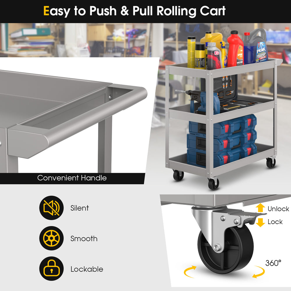 3-tier gray metal utility cart with flat handle and lockable wheels, ideal for tools and supplies in various settings.
