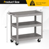 3-tier gray metal utility cart with flat handle, 110 lbs capacity per shelf, ideal for garages, kitchens, and workshops.