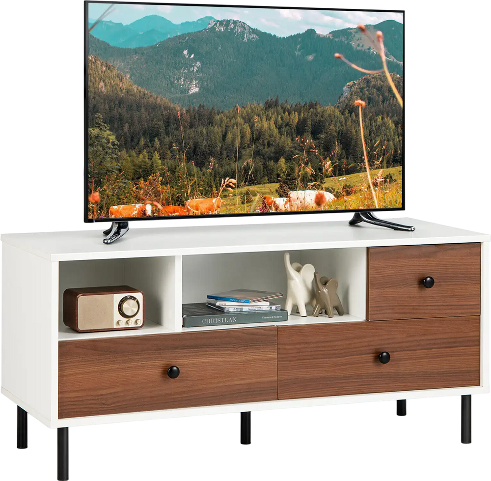Mid-Century TV Stand for 50-inch TVs with 2 Cubbies and 3 Drawers