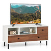 Mid-century TV stand with white and walnut finish, featuring 2 cubbies and 3 drawers for media storage.