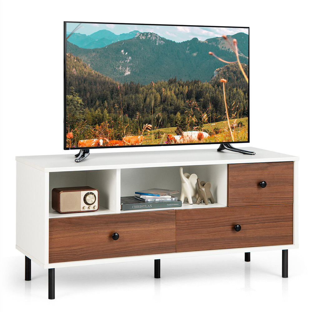 Mid-century TV stand with white and walnut finish, featuring 2 cubbies and 3 drawers for media storage.