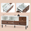 Mid-century TV stand featuring a white and walnut finish, with 2 cubbies and 3 drawers for media storage.