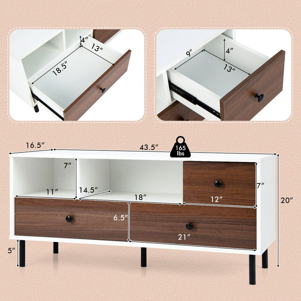 Mid-century TV stand featuring a white and walnut finish, with 2 cubbies and 3 drawers for media storage.