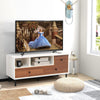Mid-century TV stand in white and walnut finish with 2 cubbies and 3 drawers, designed for 50-inch TVs.