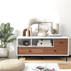 Mid-century TV stand in white and walnut finish with 2 cubbies and 3 drawers, perfect for 50-inch TVs and media storage.