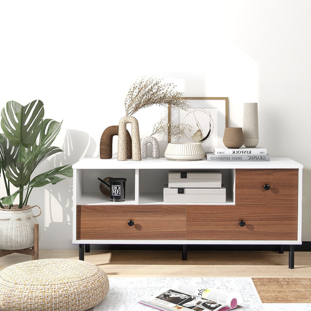 Mid-century TV stand in white and walnut finish with 2 cubbies and 3 drawers, perfect for 50-inch TVs and media storage.