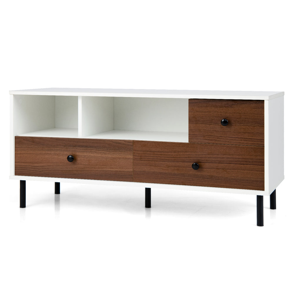 Mid-century TV stand in white and walnut finish with 2 cubbies and 3 drawers for 50-inch TVs, featuring sturdy steel.