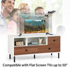 Mid-century TV stand with white and walnut finish, accommodating up to 50-inch TVs, featuring 2 cubbies and 3 drawers.