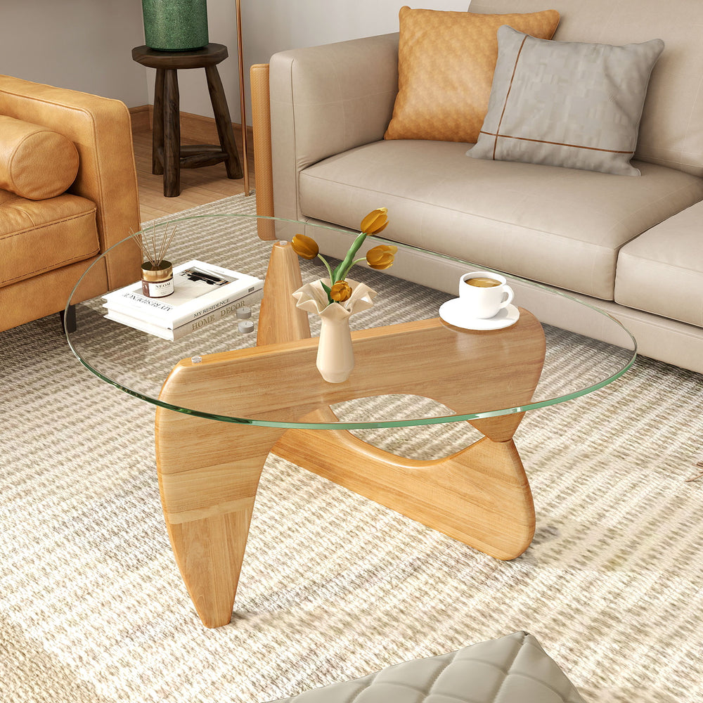 Triangle Coffee Table with Tempered Glass Top and Adjustable Rubber Wood Base-Natural - Gallery View 1 of 10