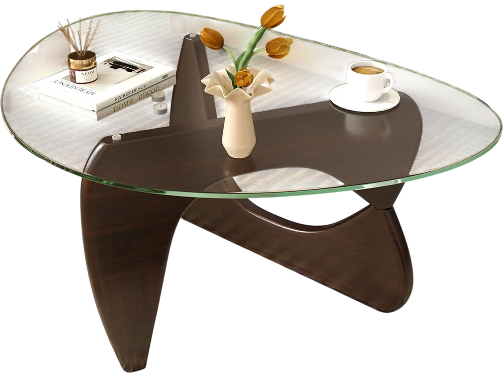 Triangle coffee table with tempered glass top and walnut rubber wood base, ideal for living room decor and.