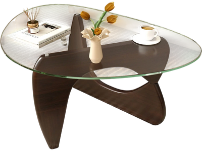 Costway Triangle Coffee Table Tempered Glass Top Walnut 98614527 New