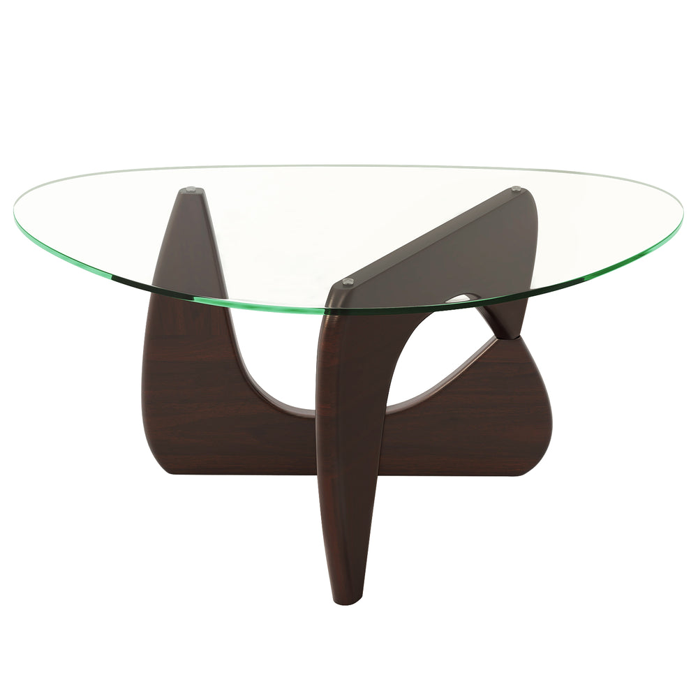 Triangle coffee table with tempered glass top and walnut rubber wood base, featuring adjustable angles for versatile.