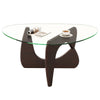 Triangle coffee table with tempered glass top and walnut rubber wood base, ideal for living room and stylish decor.