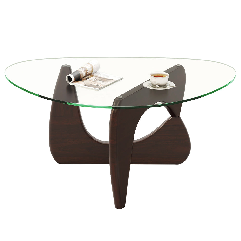 Triangle coffee table with tempered glass top and walnut rubber wood base, ideal for living room and stylish decor.