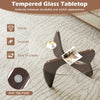 Triangle coffee table with tempered glass top and walnut rubber wood base, featuring anti-slip pads for stability.