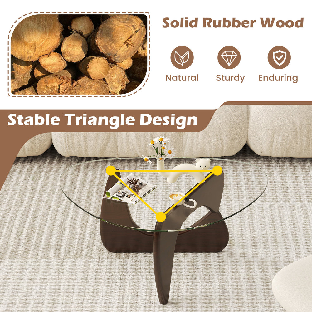 Triangle coffee table with tempered glass top and adjustable walnut rubber wood base, ideal for living room decor.