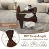 Triangle coffee table with tempered glass top and adjustable rubber wood base in walnut, ideal for living room use.