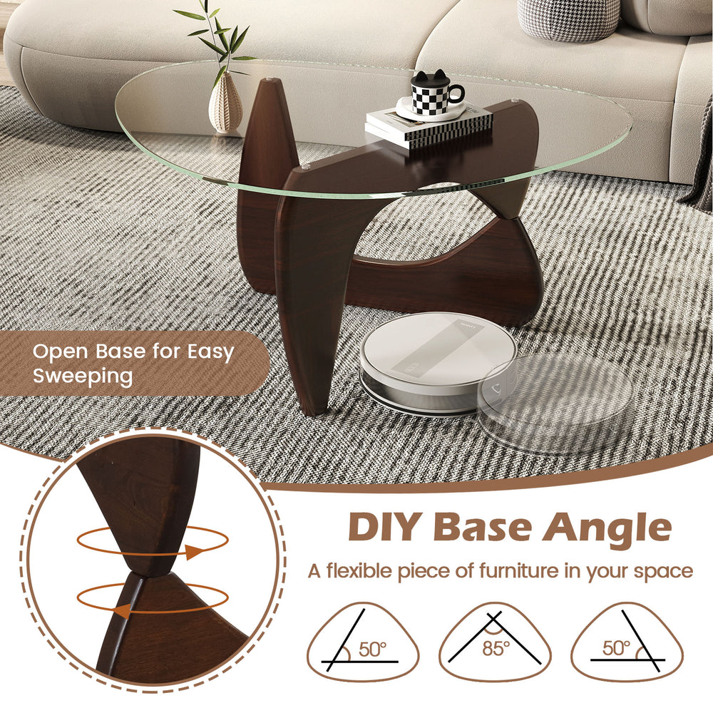 Triangle coffee table with tempered glass top and adjustable rubber wood base in walnut, ideal for living room use.