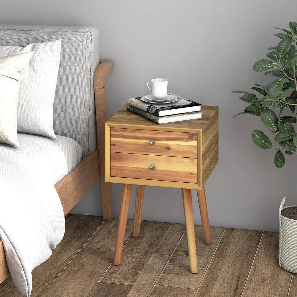 Wooden Nightstand Mid-Century End Side Table with 2 Storage Drawers-Natural - Gallery View 1 of 11
