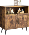 Mid-century wooden storage cabinet in rustic brown with open shelf and two enclosed cabinets for versatile storage.