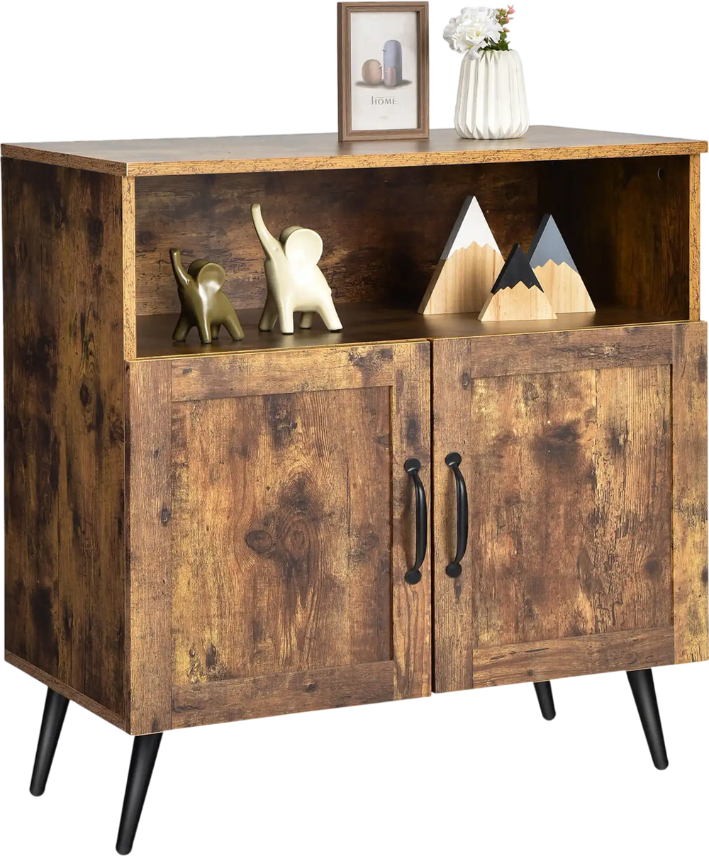 Mid-century wooden storage cabinet in rustic brown with open shelf and two enclosed cabinets for versatile storage.