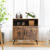 Mid-century wooden storage cabinet in rustic brown with wine glass holders and open shelf, ideal for living room or.
