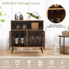Mid-century wooden storage cabinet in rustic brown with wine glass holders and enclosed storage for versatile use.