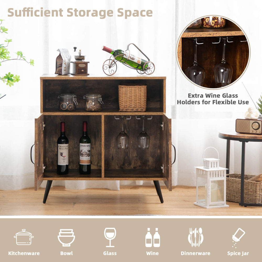 Mid-century wooden storage cabinet in rustic brown with wine glass holders and enclosed storage for versatile use.