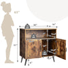 Mid-century wooden storage cabinet in rustic brown with wine glass holders, featuring two enclosed cabinets and open.