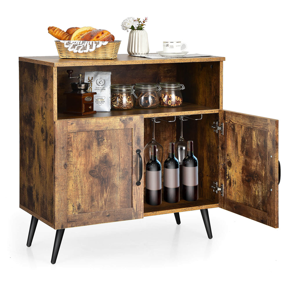 Mid-century wooden storage cabinet in rustic brown with wine glass holders and enclosed storage, ideal for various home.