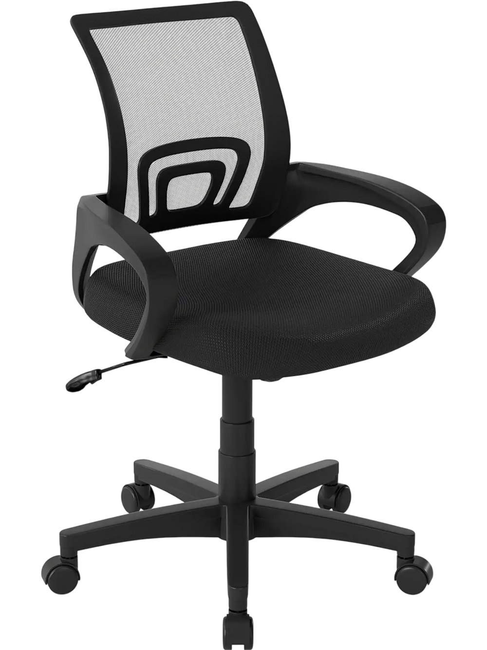 Mid-back mesh office chair in black with ergonomic lumbar support and adjustable height for comfortable seating.