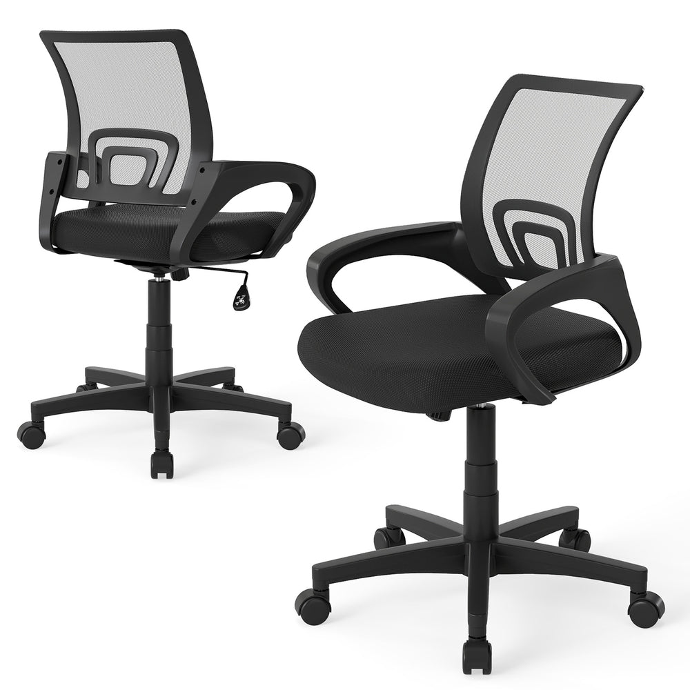 Mid-back ergonomic office chair in black with mesh fabric, lumbar support, and adjustable height for comfort in any.