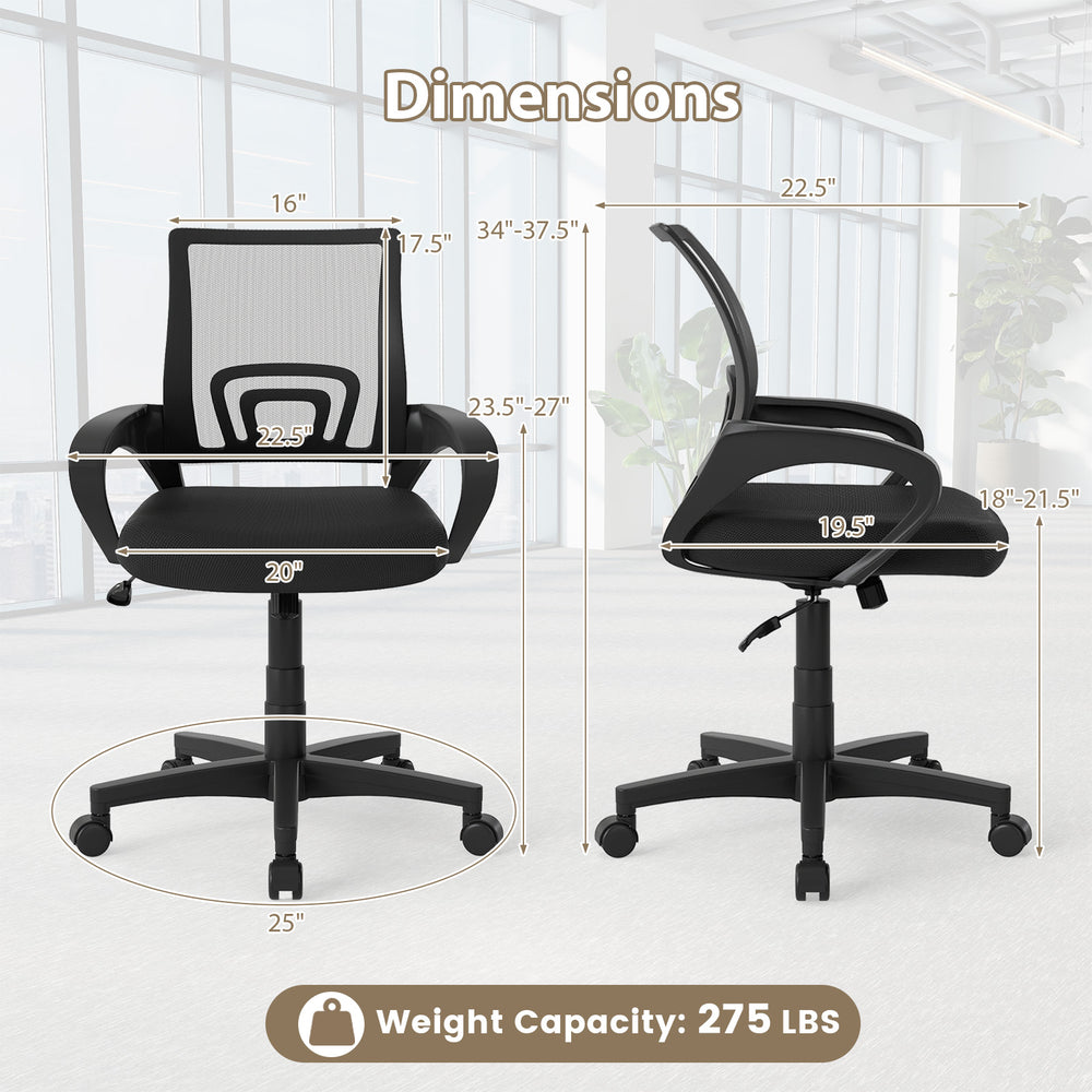 Mid-back mesh office chair with ergonomic lumbar support, adjustable height, and 275 lbs weight capacity, shown with.