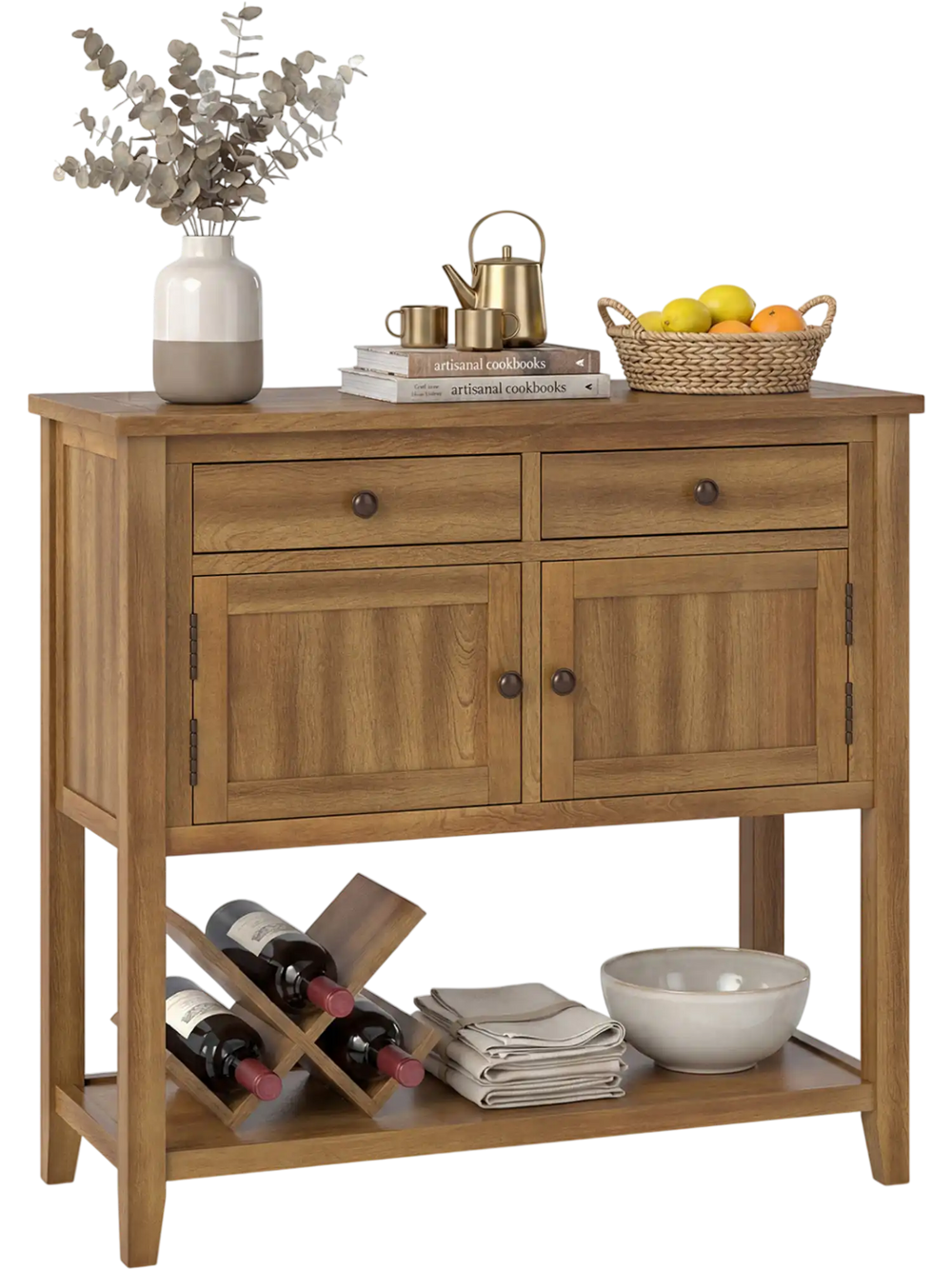 Mid-century console table in walnut with 2 drawers and cabinets, ideal for a coffee bar or buffet sideboard.