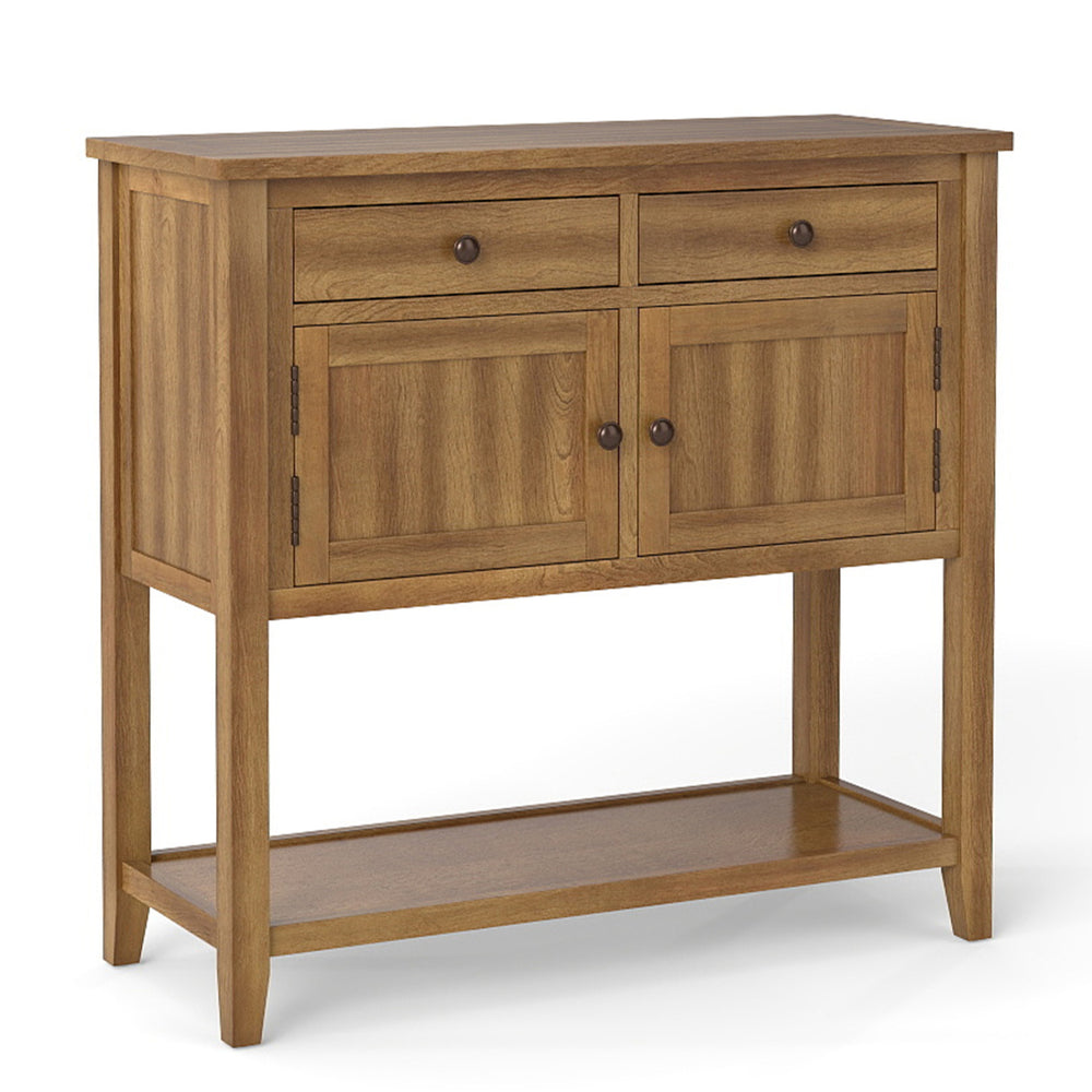 Mid-century console table in walnut with 2 drawers and 2 cabinets, perfect for a coffee bar or buffet sideboard.