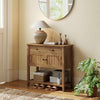 Mid-century console table in walnut with 2 drawers, open shelf, and vintage wood grain, ideal for decorative display.