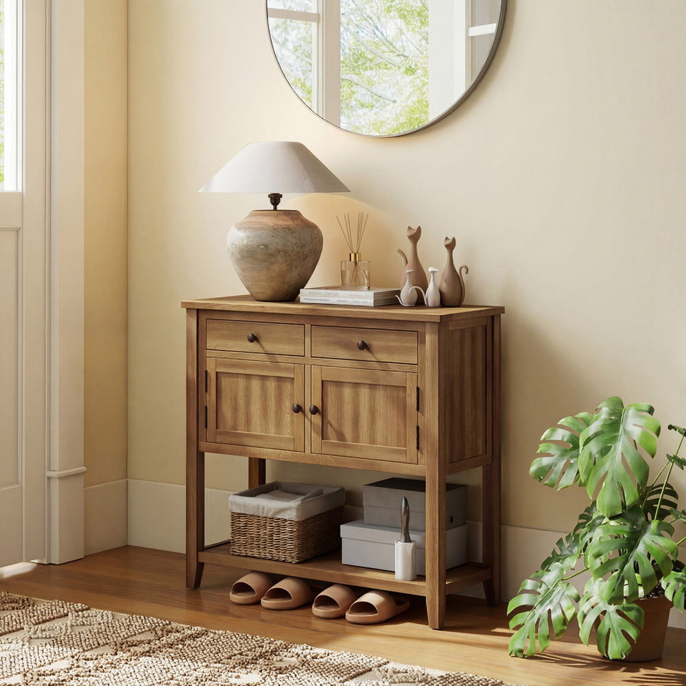Mid-century console table in walnut with 2 drawers, open shelf, and vintage wood grain, ideal for decorative display.