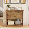 Mid-century console table in walnut with 2 drawers and open shelf, perfect for decorative display and storage.