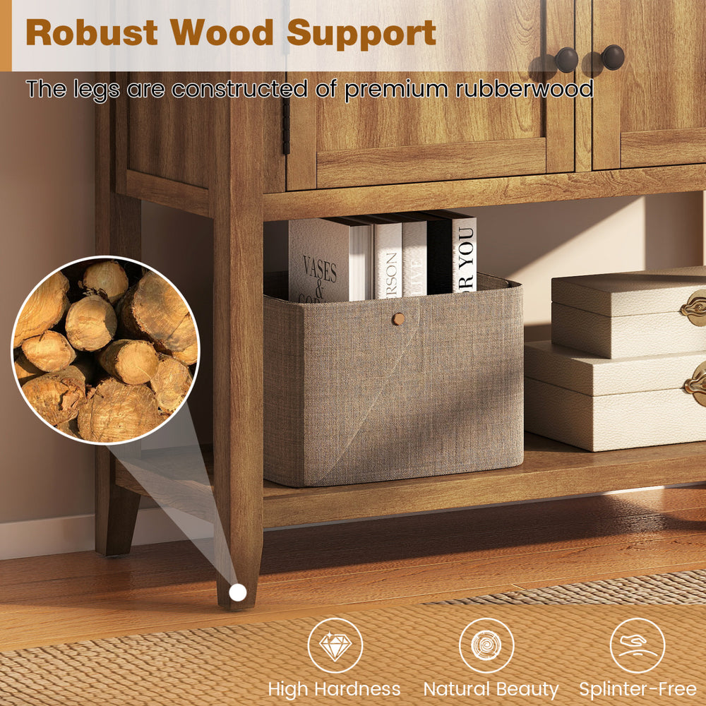 Close-up of the rubberwood leg of the walnut console table, showcasing its sturdy support and natural beauty.