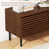 Mid Century Fluted TV stand in walnut with metal legs, featuring hidden compartments for stylish storage and cable.