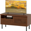Mid Century fluted TV stand in walnut with open compartment and drawer, perfect for 40-inch TVs and stylish storage.