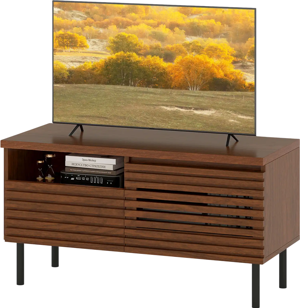 Mid Century fluted TV stand in walnut with open compartment and drawer, perfect for 40-inch TVs and stylish storage.