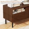 Mid Century Fluted TV stand in walnut finish with open compartment and drawer, perfect for modern entertainment setups.