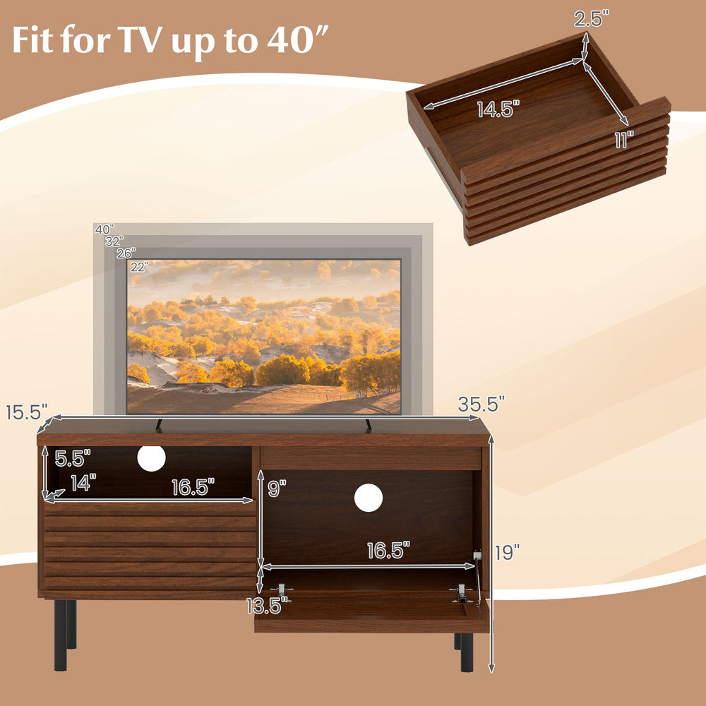 Mid Century fluted TV stand in walnut with open compartment and drawer, suitable for TVs up to 40 inches.