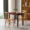 Mid Century folding dining table in cherry finish with two wooden chairs, featuring hidden storage and a flexible.